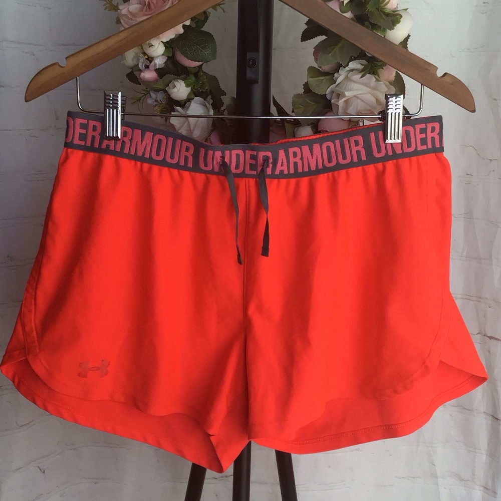 Under Armour Women's Bright Orange Athletic Shorts with Logo Waistband